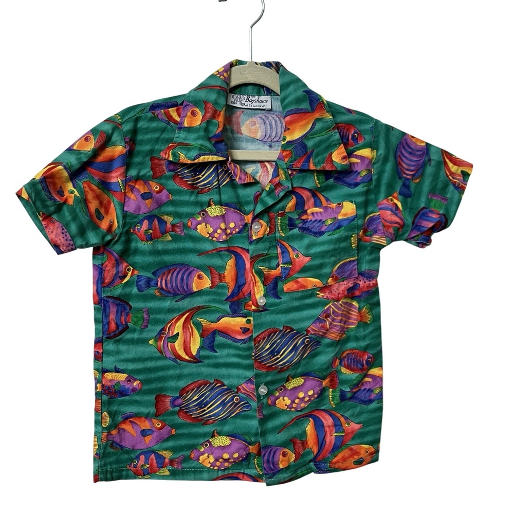 Vintage Bagshaws of St Lucia Kids Green Tropical Fish Button Down Shirt Size 8